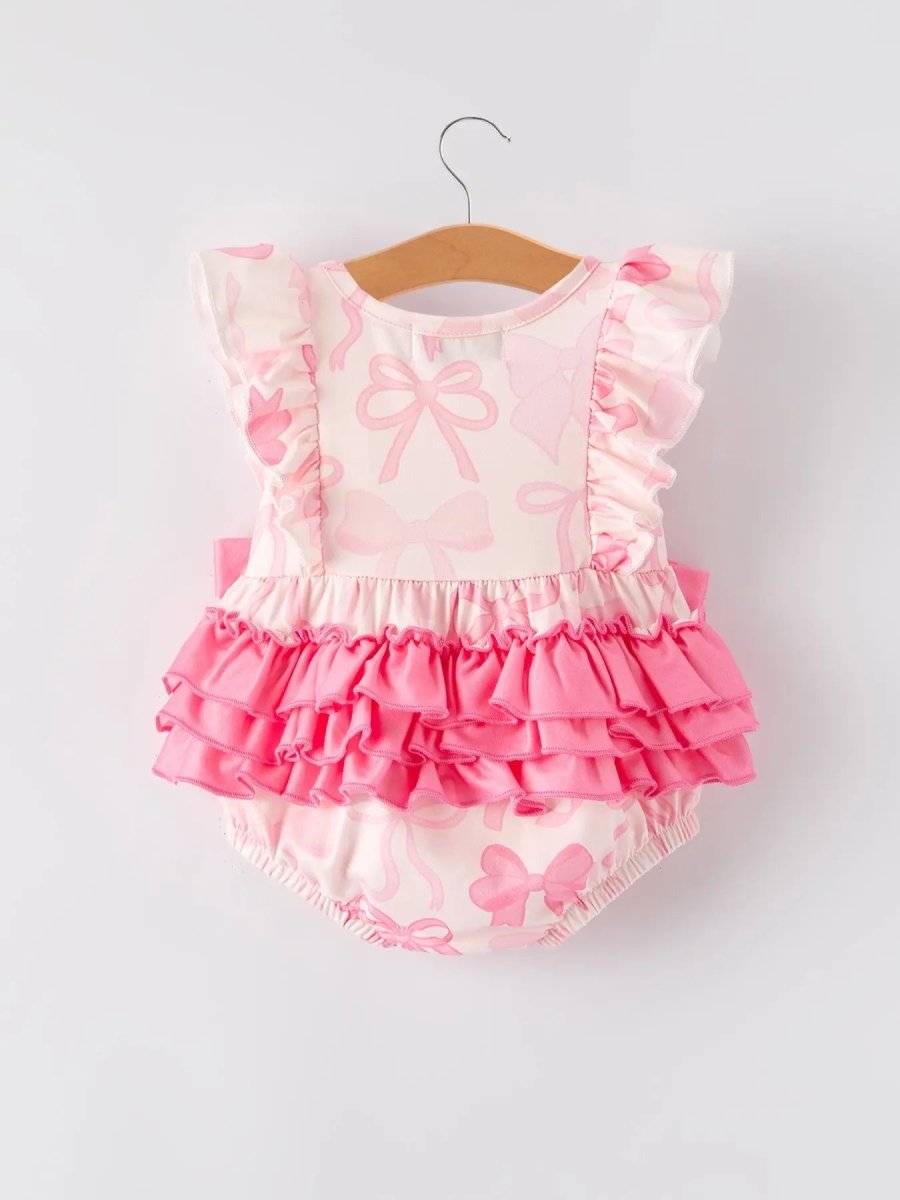Rylee Faith Designs Girls Pink Bow Print Summer Romper - 