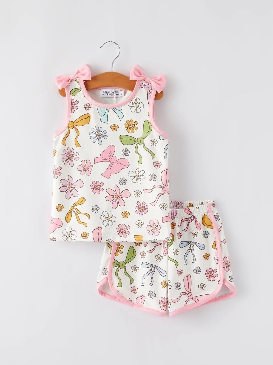 Rylee Faith Designs Girls Pink Bow Sleeveless Vest Top and Shorts Set - 