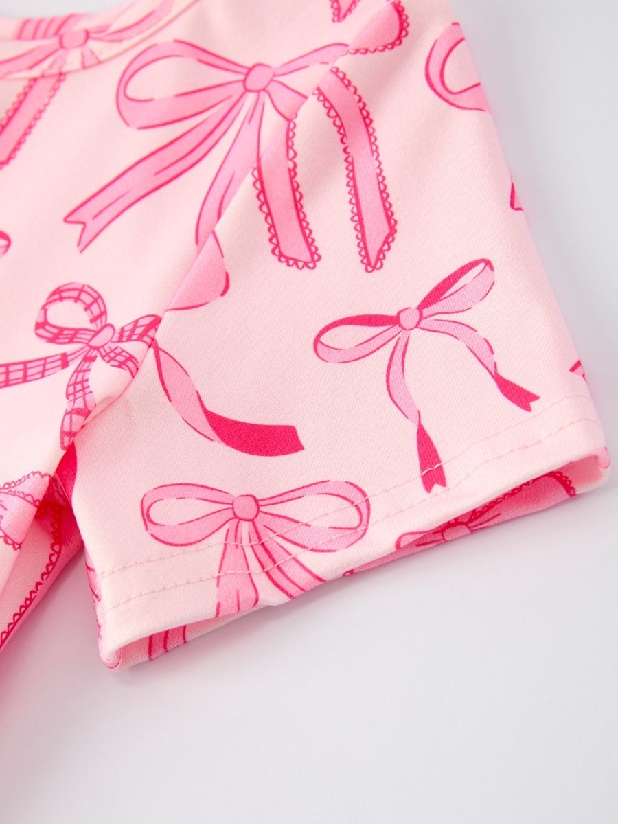 Rylee Faith Designs Girls Pink Dress with Bow Pattern - Cute Short Sleeve Outfit - 
