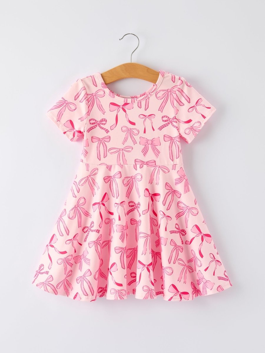 Rylee Faith Designs Girls Pink Dress with Bow Pattern - Cute Short Sleeve Outfit - 
