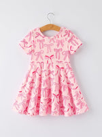 Rylee Faith Designs Girls Pink Dress with Bow Pattern - Cute Short Sleeve Outfit - 