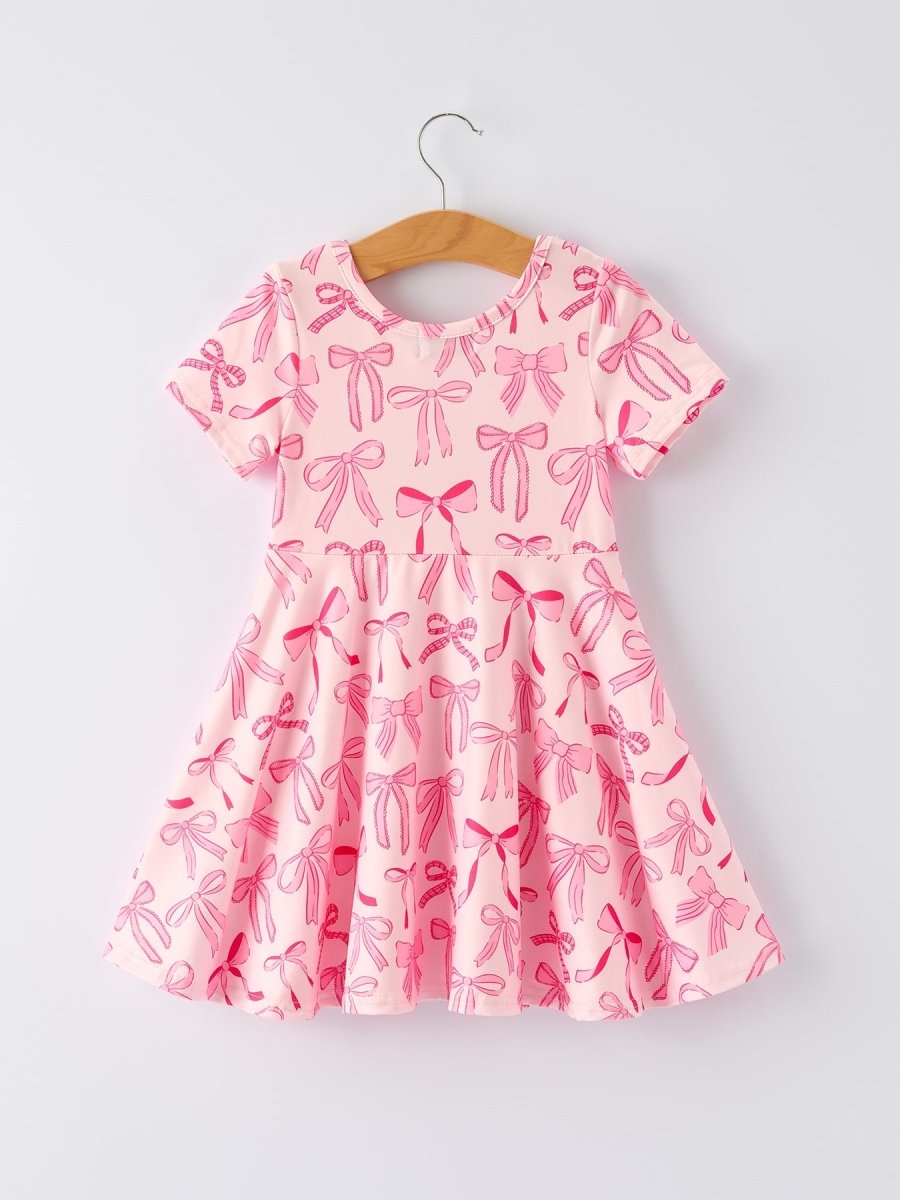 Rylee Faith Designs Girls Pink Dress with Bow Pattern - Cute Short Sleeve Outfit - 