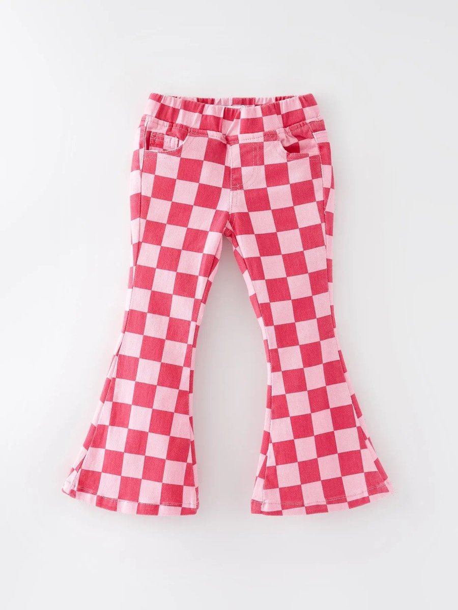 Rylee Faith Designs Girls Pink Plaid Print Elastic Flared Pants Jeans - 