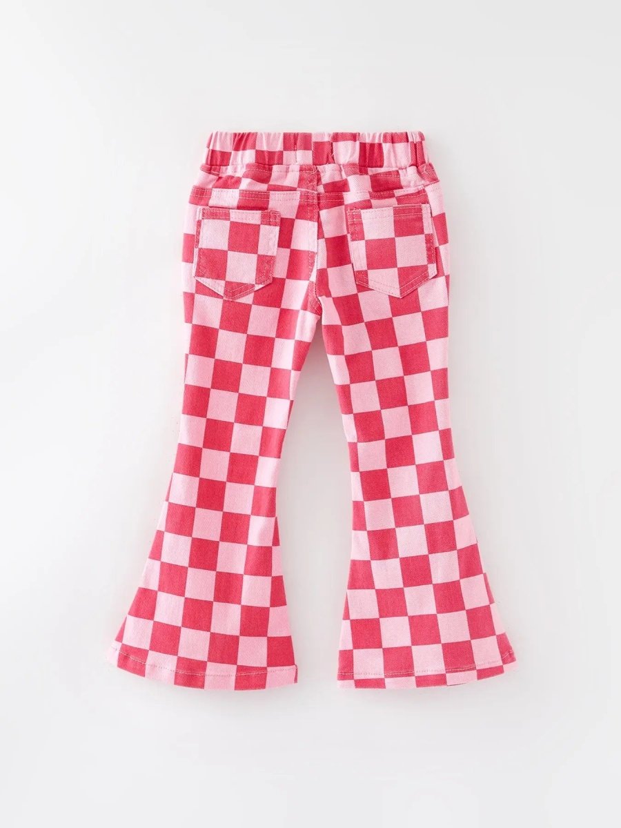 Rylee Faith Designs Girls Pink Plaid Print Elastic Flared Pants Jeans - 