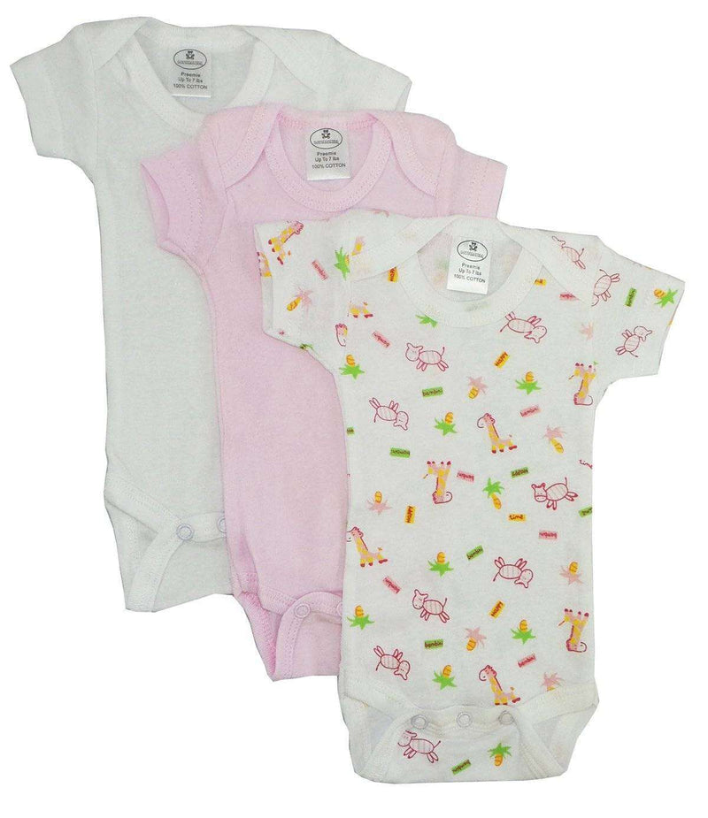 Girls printed short sleeve variety pack, 100% cotton onezies with expandable shoulder neckline and ribbed leg openings.