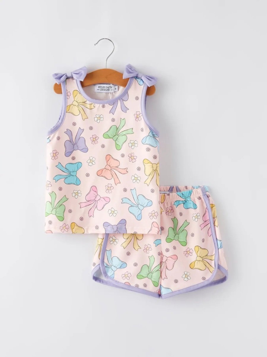 Rylee Faith Designs Girls Purple Bow Sleeveless Vest Top and Shorts Set - Everetts Place Boutique - 