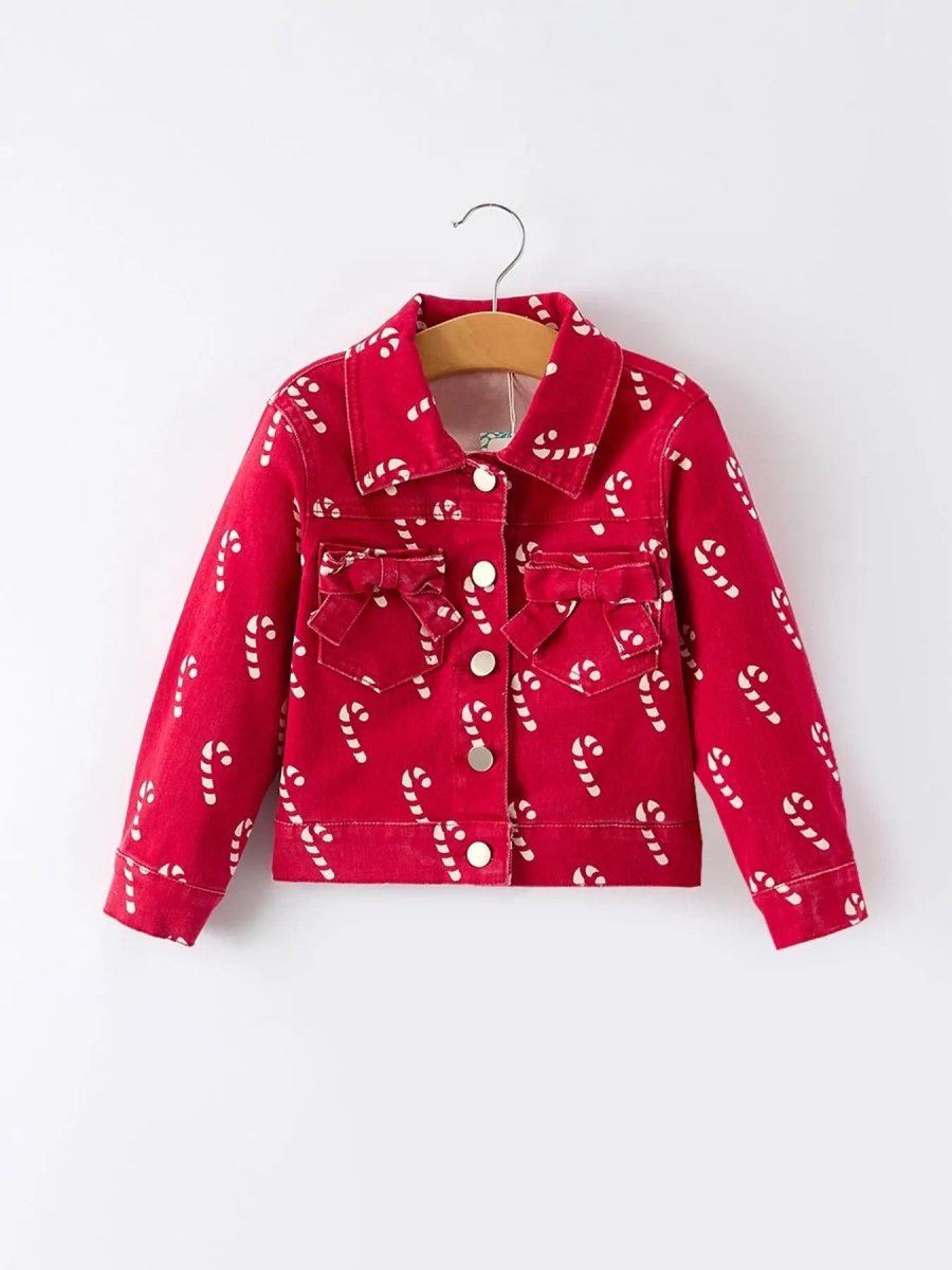 Rylee Faith Designs Girls Red Christmas Themed Denim Jacket For Festive Winter - Everetts Place Boutique - 