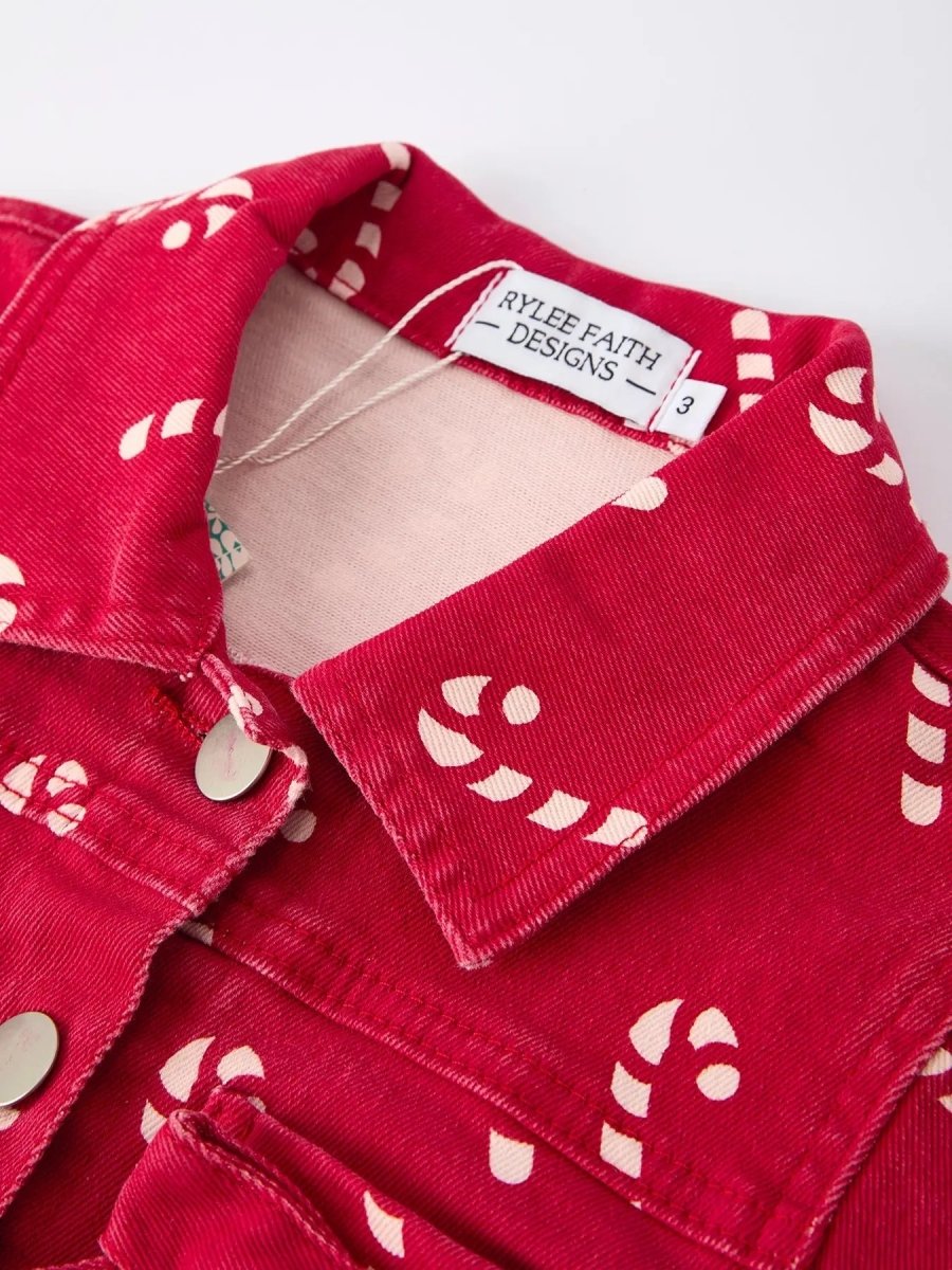 Rylee Faith Designs Girls Red Christmas Themed Denim Jacket For Festive Winter - Everetts Place Boutique - 
