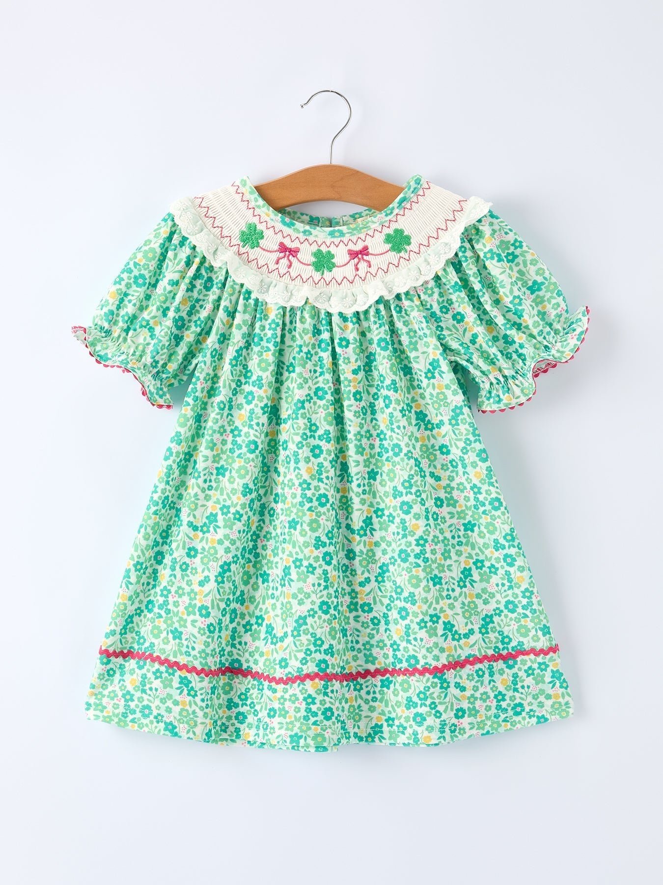 Rylee Faith Designs Girls St. Patrick’s Day Shamrock Bow Smocked Dress - 