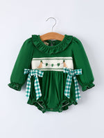 Rylee Faith Designs Girls St. Patrick’s Day Shamrock Puppy Smocked Romper - 