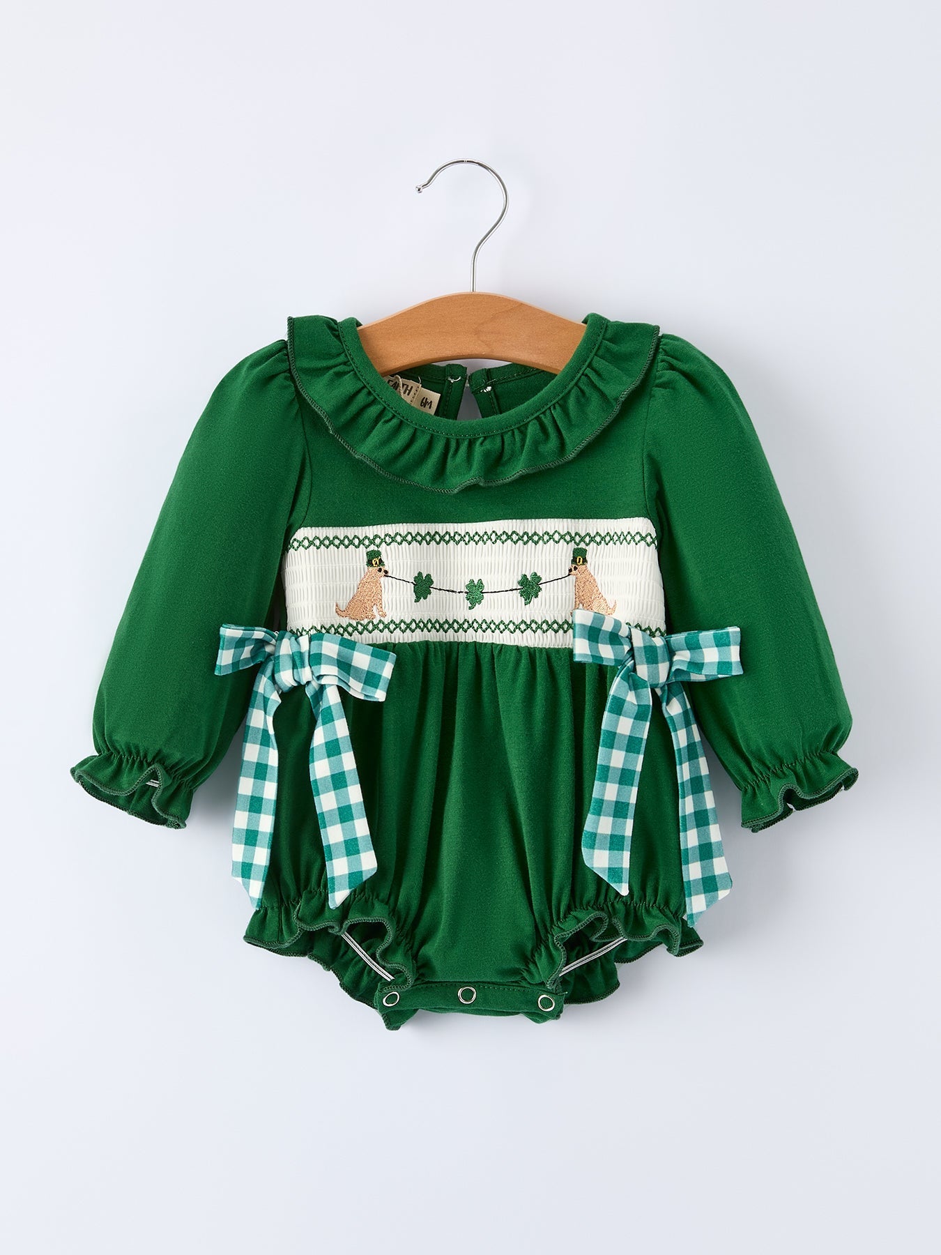 Rylee Faith Designs Girls St. Patrick’s Day Shamrock Puppy Smocked Romper - 