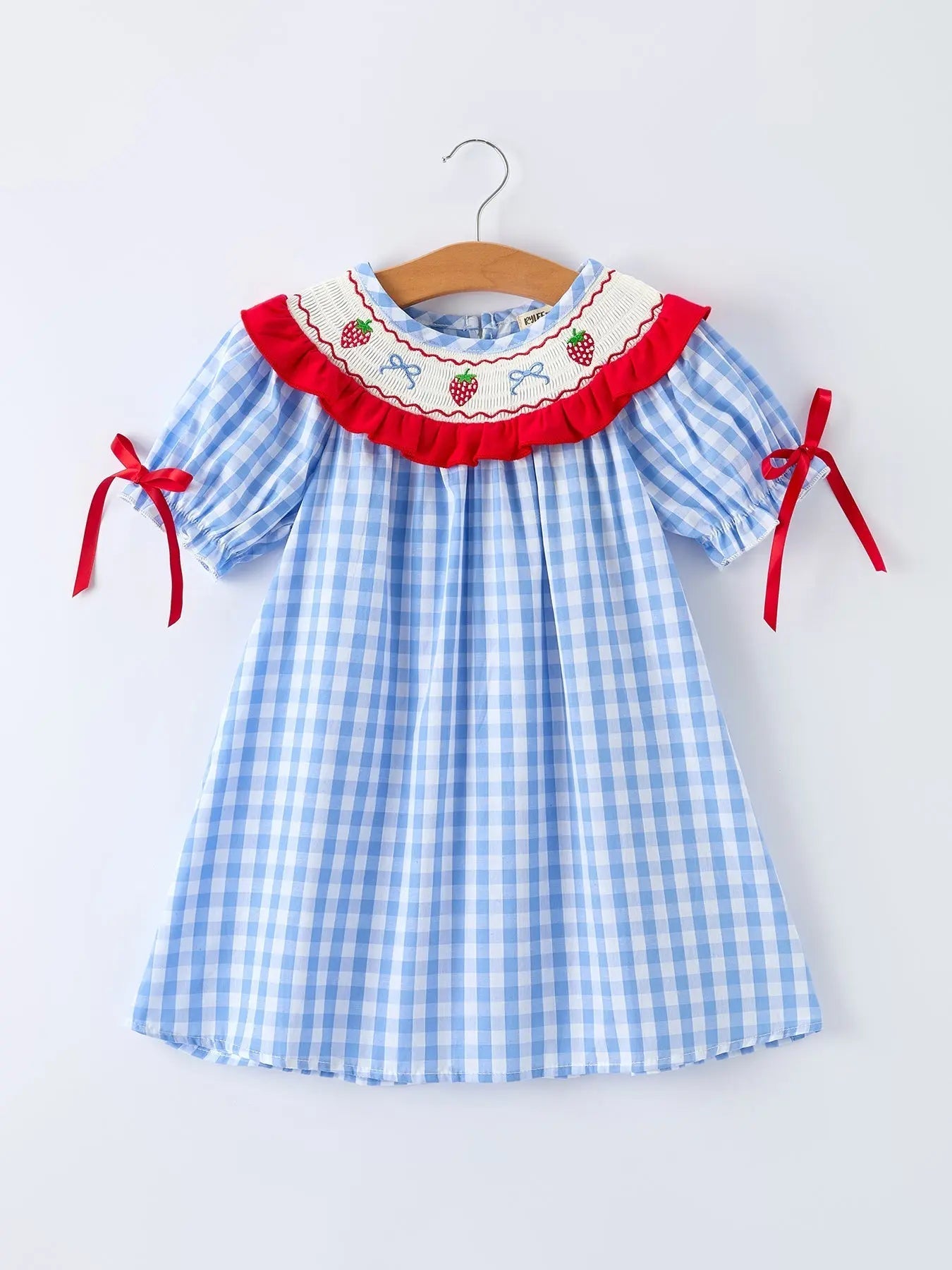 Rylee Faith Designs Girls Summer Strawberry Bow Embroidered Smocked Dress - 