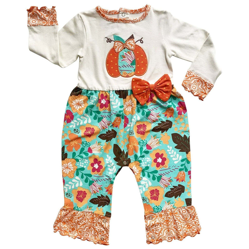 Girls Thanksgiving autumn orange pumpkin romper with fall floral and damask prints.