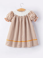 Rylee Faith Designs Girls Thanksgiving Turkey Smocking Embroidered Brown Plaid Dress - 