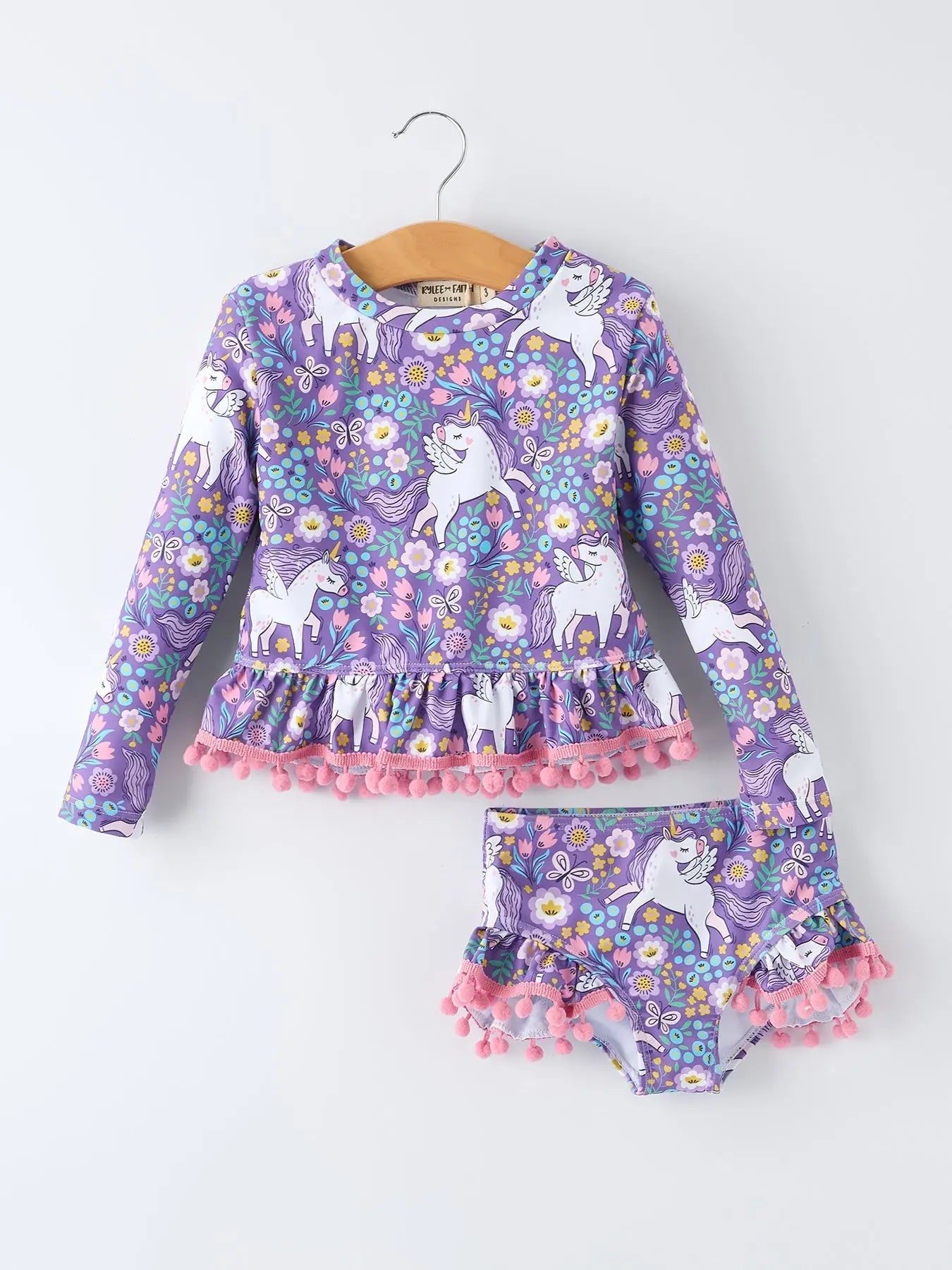 Rylee Faith Designs Girls Unicorn Long Sleeve Ruffle Swimsuit Set - 