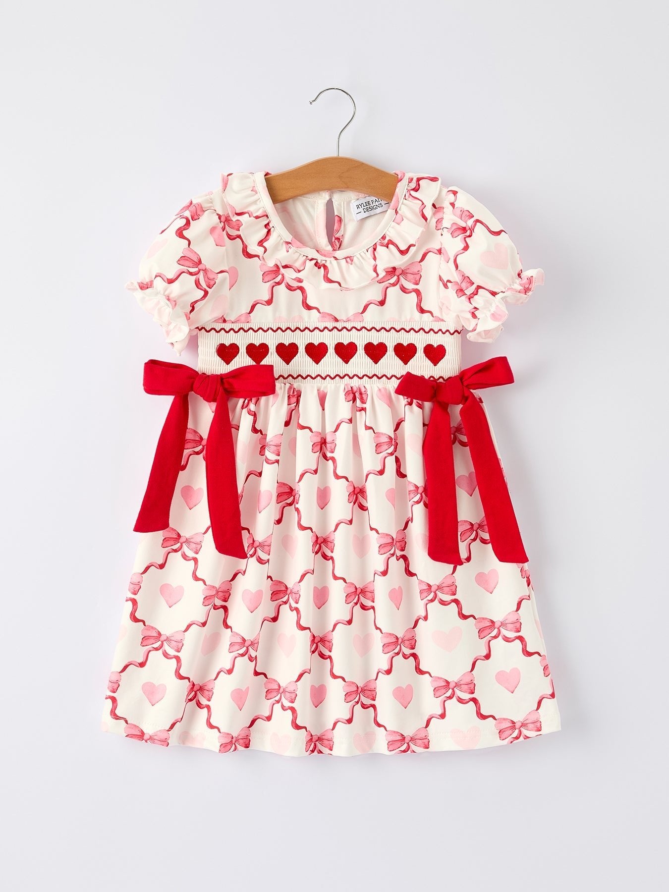 Rylee Faith Designs Girls Valentine Dress with Heart Embroidery and Bowknot Design - 