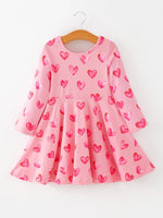 Rylee Faith Designs Girls Valentine Party Dress – Pink Heart Print Long Sleeve - 