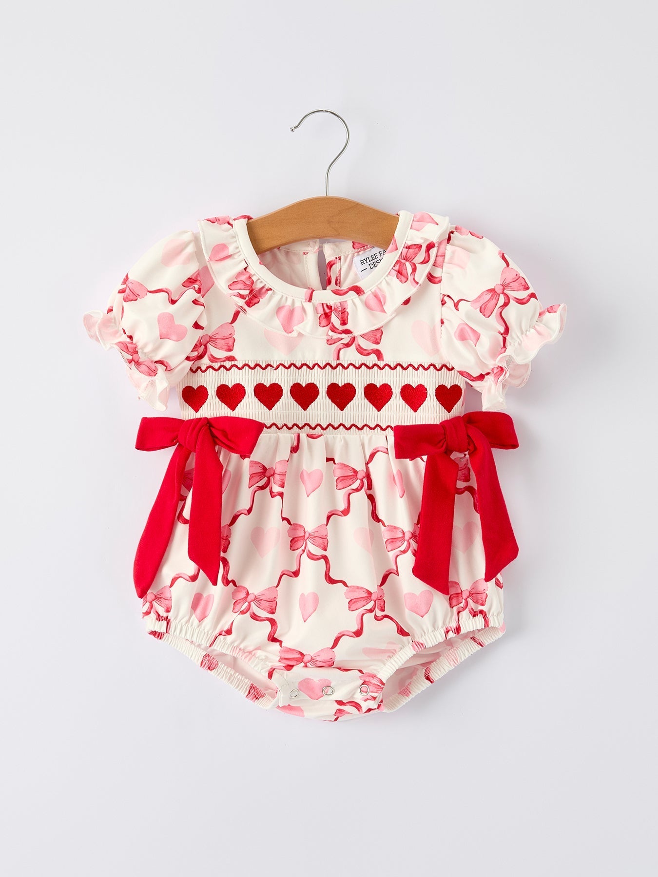 Rylee Faith Designs Girls Valentine Romper with Heart Embroidery and Bowknot Design - 