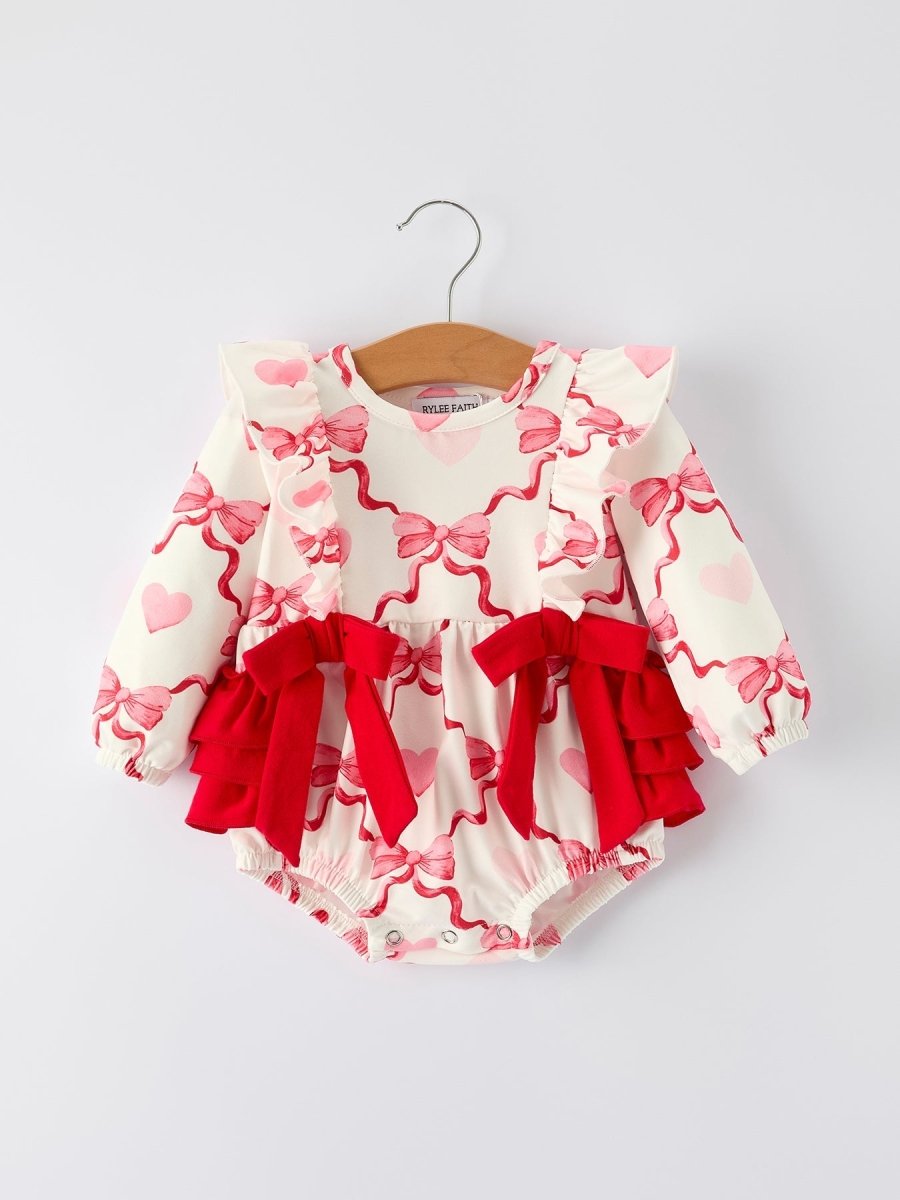 Rylee Faith Designs Girls Valentine Romper with Heart Print and Bowknot Design - 