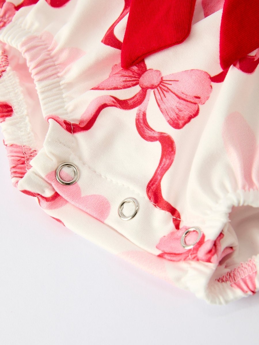 Rylee Faith Designs Girls Valentine Romper with Heart Print and Bowknot Design - 