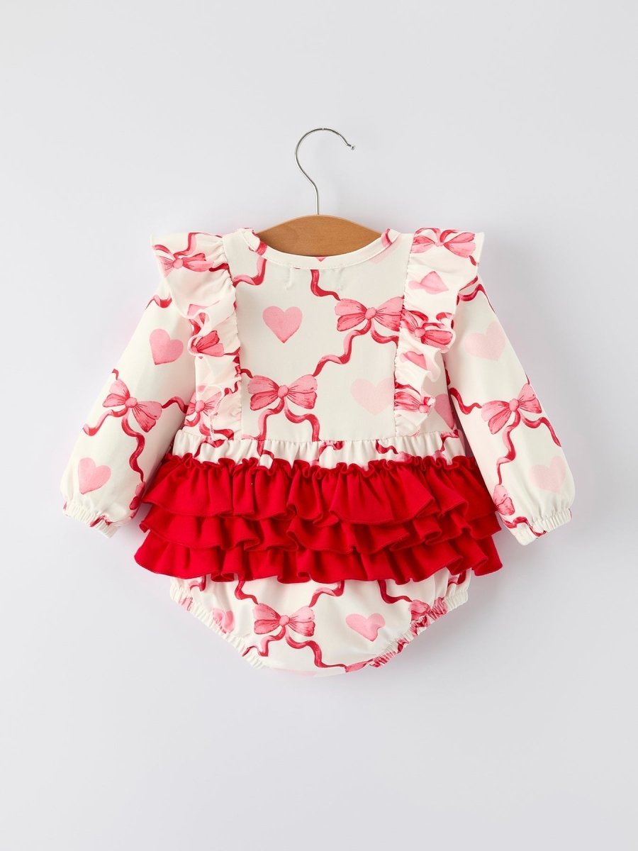 Rylee Faith Designs Girls Valentine Romper with Heart Print and Bowknot Design - 