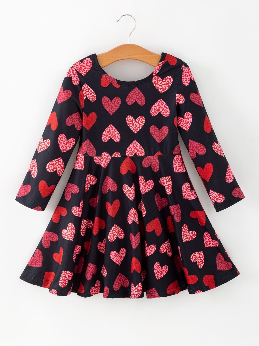 Rylee Faith Designs Girls Valentine's Day Black Dress With Leopard Heart Print - 