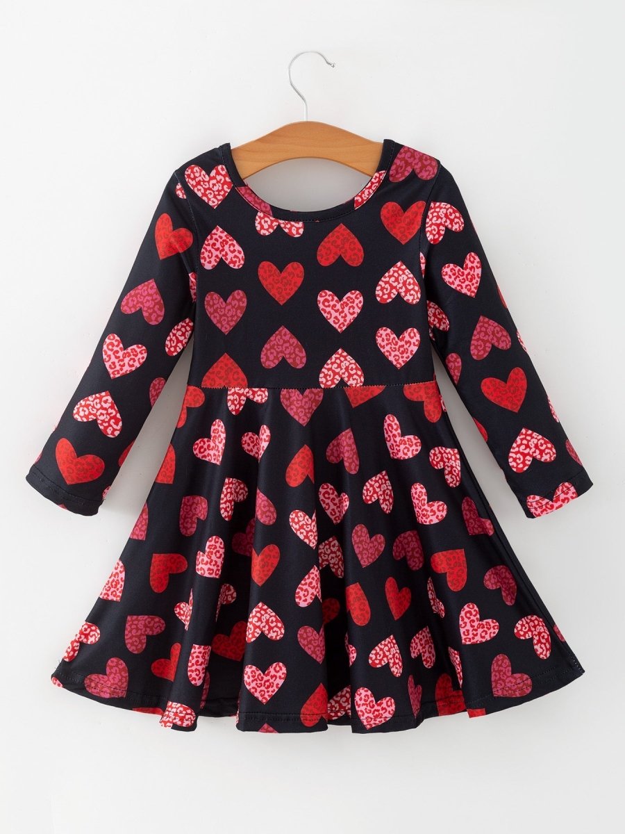 Rylee Faith Designs Girls Valentine's Day Black Dress With Leopard Heart Print - 