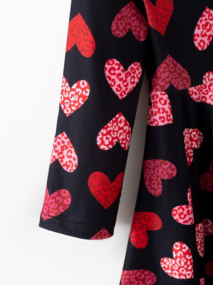 Rylee Faith Designs Girls Valentine's Day Black Dress With Leopard Heart Print - 
