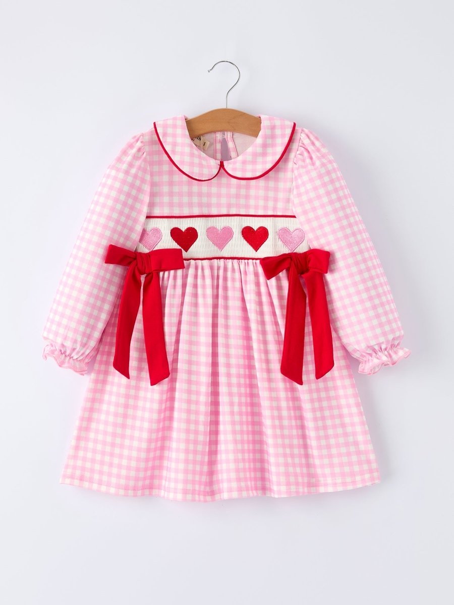 Rylee Faith Designs Girls' Valentine's Day Heart Smocking Embroidered Plaid Dress - 