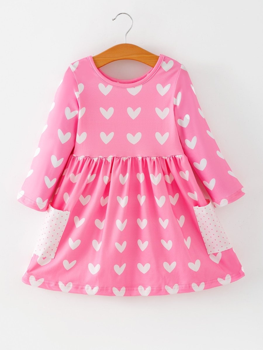 Rylee Faith Designs Girls Valentine’s Outfit Pink Heart Long Sleeve Dress with Pockets - 