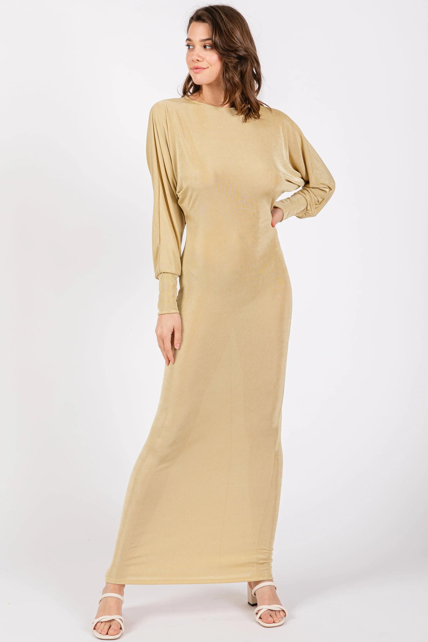 Gold Long Sleeve Open Back Maxi Dress - Sleeve, Shoulder, Dress, Neck, Gown | Everetts Place