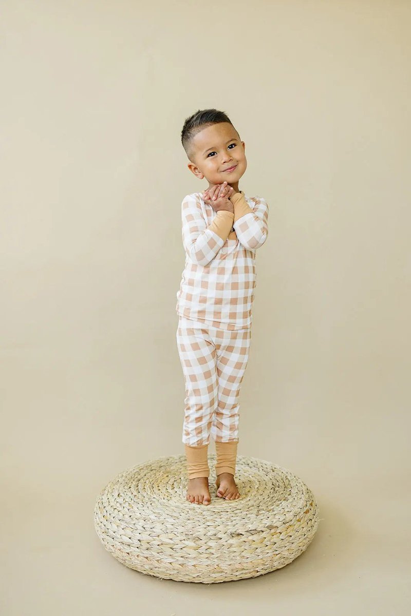 Little Joy Co. Golden Gingham 2pc Bamboo Pajamas Henley for Kids Sleepwear - Everetts Place Boutique - 