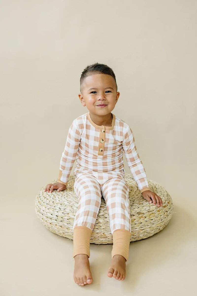 Little Joy Co. Golden Gingham 2pc Bamboo Pajamas Henley for Kids Sleepwear - Everetts Place Boutique - 