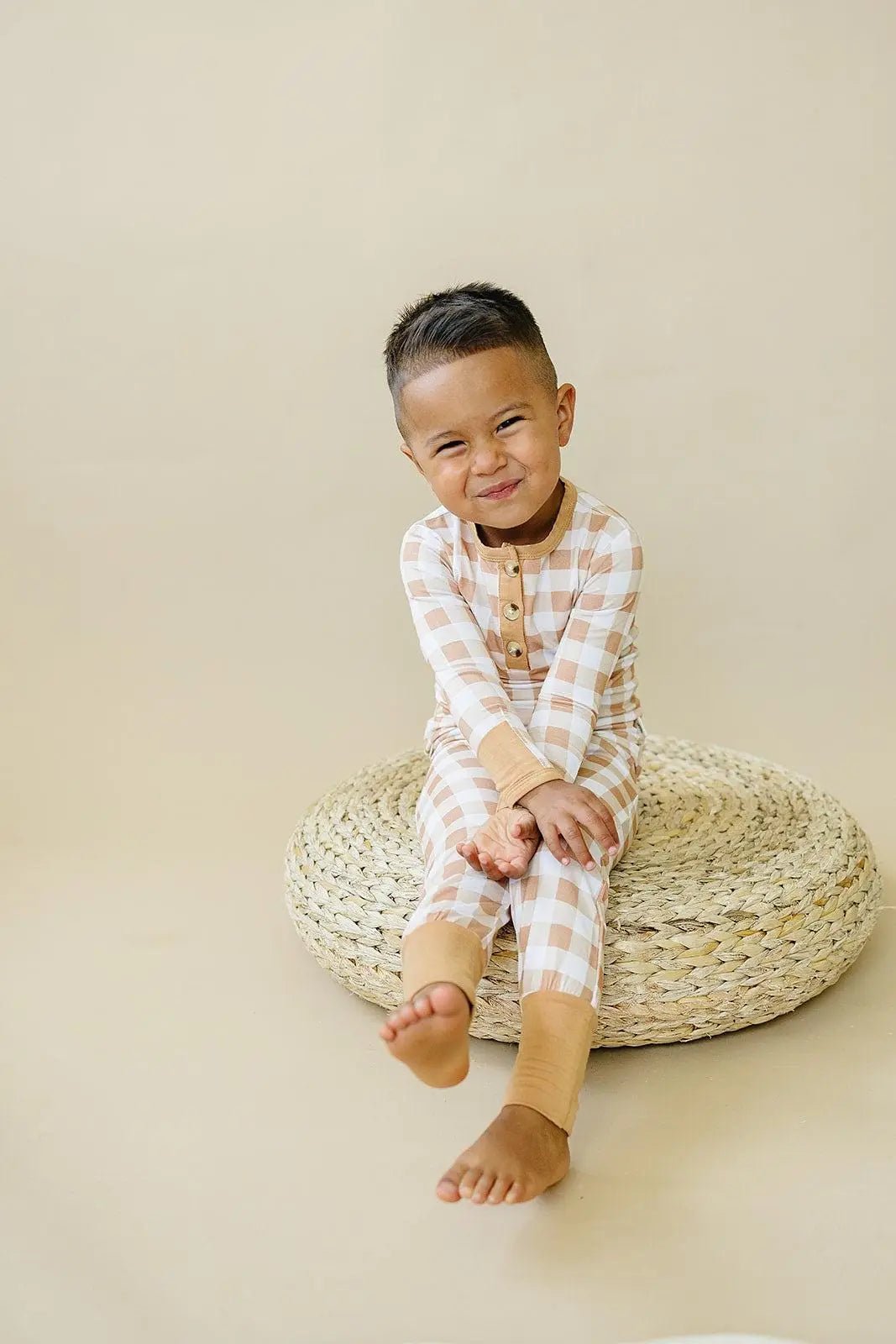 Little Joy Co. Golden Gingham 2pc Henley Bamboo Pajamas - Fall & Halloween Soft Baby PJs - 