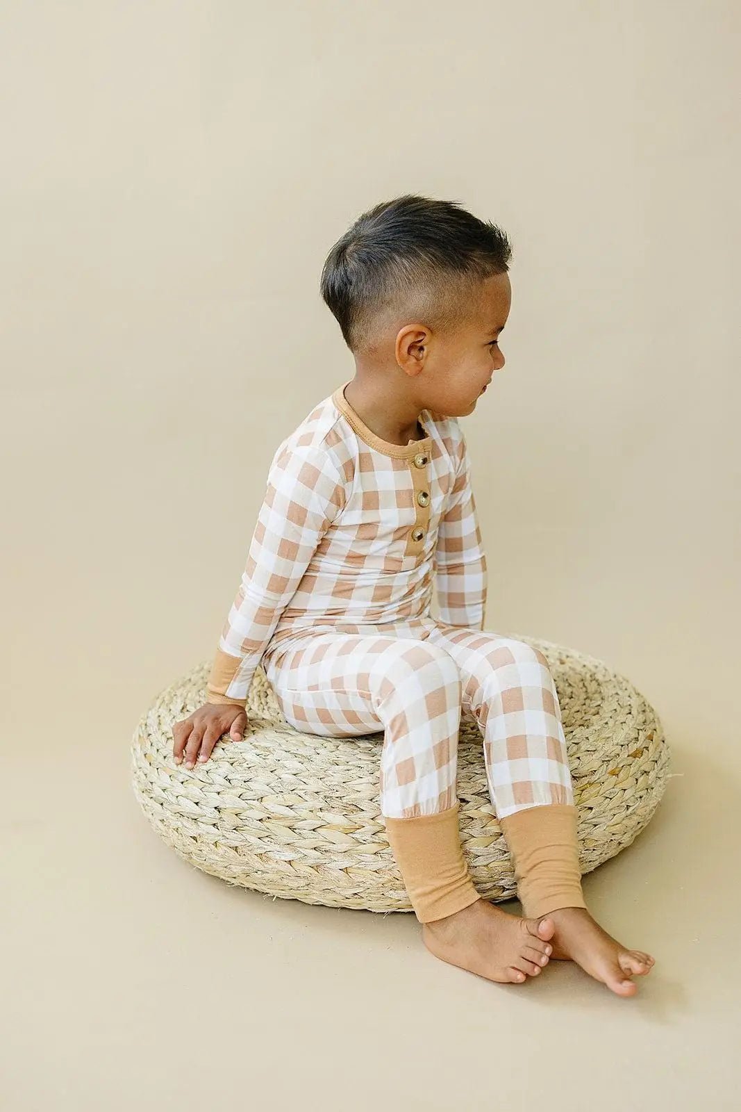 Little Joy Co. Golden Gingham 2pc Henley Bamboo Pajamas - Fall & Halloween Soft Baby PJs - 