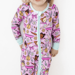 Baby romper with fold-over footed bottoms and a two-way zipper in a Golden Girls print.