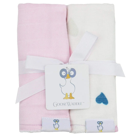 Hearts and Light Pink 2 Pack Muslin and Terry Cloth Burp Cloths Goosewaddle® | Newborn Baby Blankets Toys Teethers Bibs & More