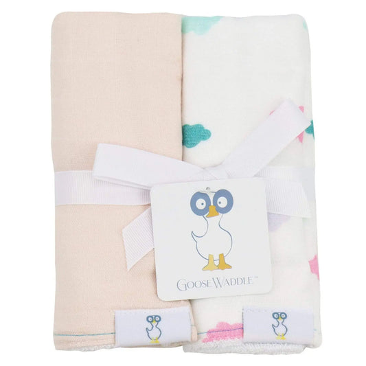 Clouds and Peach 2 Pack Muslin and Terry Cloth Burp Cloths Goosewaddle® | Newborn Baby Blankets Toys Teethers Bibs & More