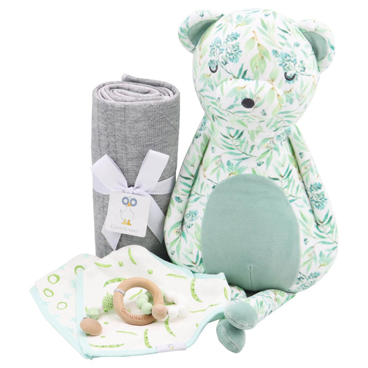 Basil Bear Gift Set with Plush Toy Gray Knit Blanket Mint Wooden Silicone Teether and Peas XO Bib 2 Pack Goosewaddle® | Newborn Baby Blankets Toys Teethers Bibs & More
