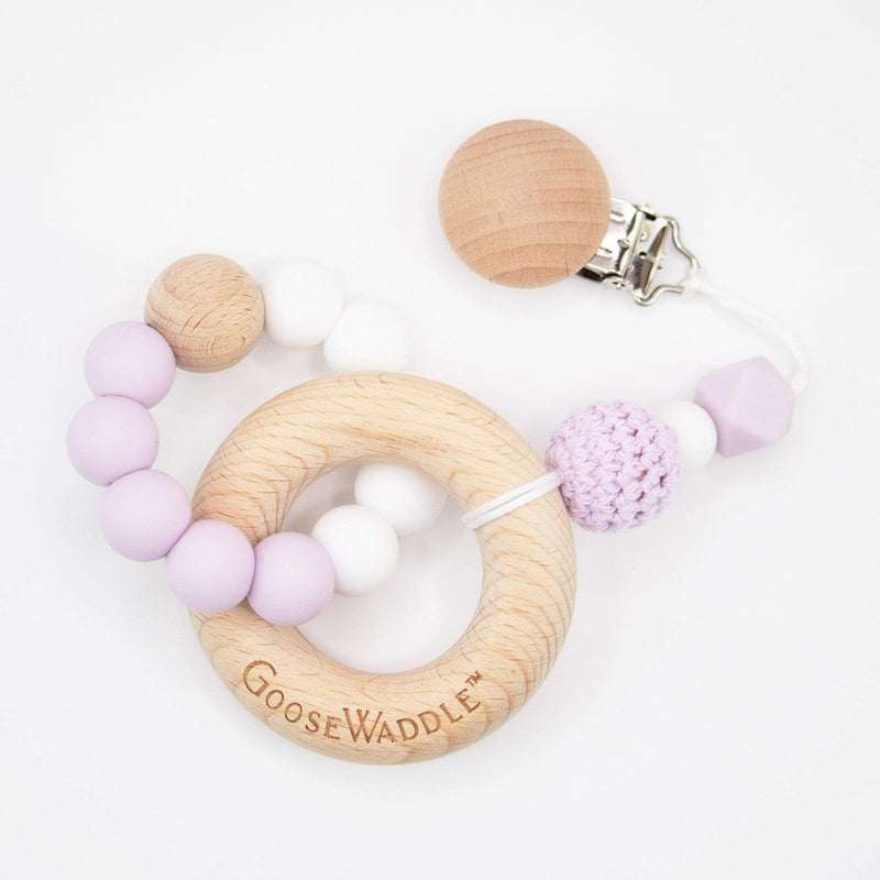 Lavender Attachable Wooden and Silicone Teether and Flower Bib Gift Set Goosewaddle® | Newborn Baby Blankets Toys Teethers Bibs & More
