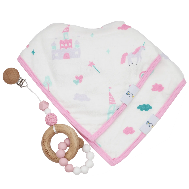 Pink Attachable Wooden and Silicone Teether and Unicorn Bib Gift Set Goosewaddle® | Newborn Baby Blankets Toys Teethers Bibs & More