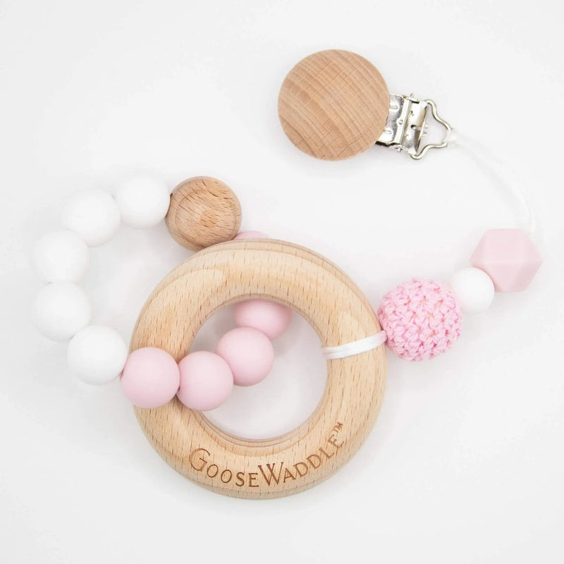 Pink Attachable Wooden and Silicone Teether and Unicorn Bib Gift Set Goosewaddle® | Newborn Baby Blankets Toys Teethers Bibs & More