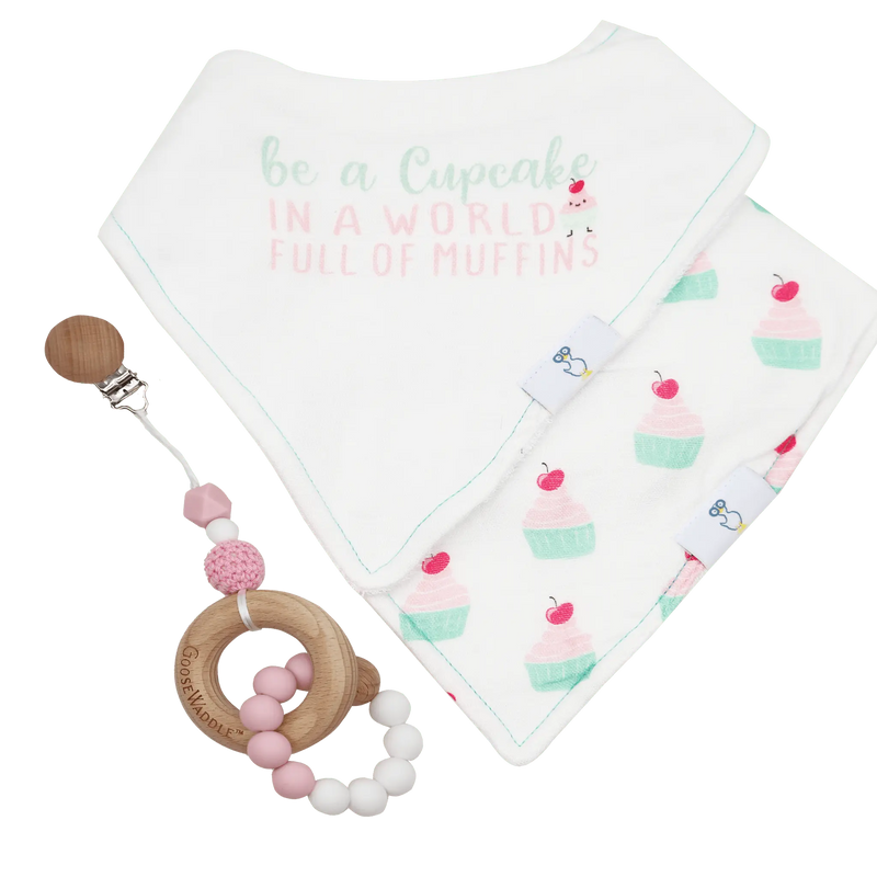 Pink Attachable Wooden and Silicone Teether and Cupcake Bib Gift Set Goosewaddle® | Newborn Baby Blankets Toys Teethers Bibs & More