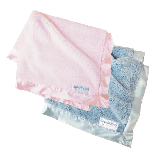 Luxury Baby Blanket with Satin Trim in Pastel Pink White or Blue Goosewaddle® | Newborn Baby Blankets Toys Teethers Bibs & More