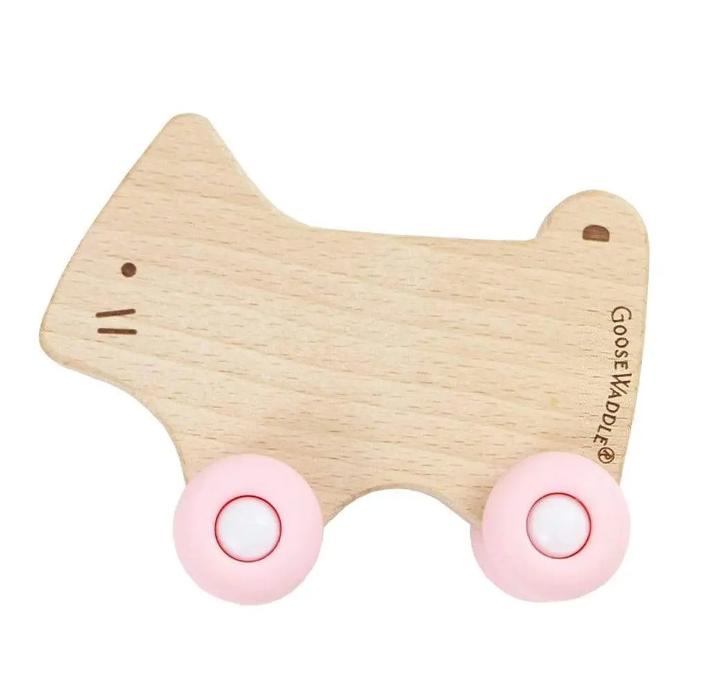 Goosewaddle® | Newborn Baby Blankets Toys Teethers Bibs & More Goosewaddle Pink Kitten Teether with Wheels