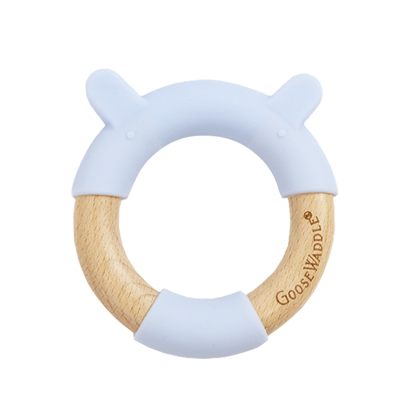 Blue Bear Circle Bear Head Teether Silicone + Wood Teether Goosewaddle® | Newborn Baby Blankets Toys Teethers Bibs & More
