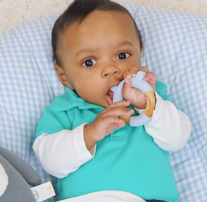 Blue Bear Circle Bear Head Teether Silicone + Wood Teether Goosewaddle® | Newborn Baby Blankets Toys Teethers Bibs & More