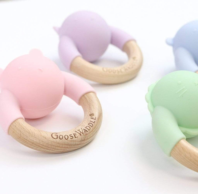 Rattle Teether Wooden + Silicone (4 Colors) Goosewaddle® | Newborn Baby Blankets Toys Teethers Bibs & More