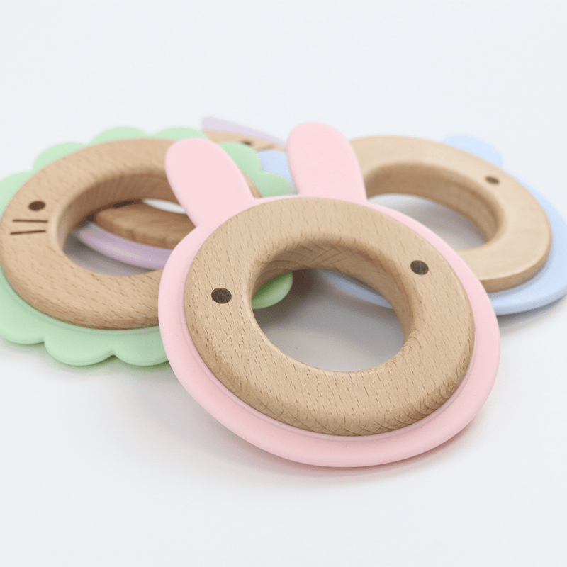 Pink Bunny Silcone + Wood Teether Goosewaddle® | Newborn Baby Blankets Toys Teethers Bibs & More