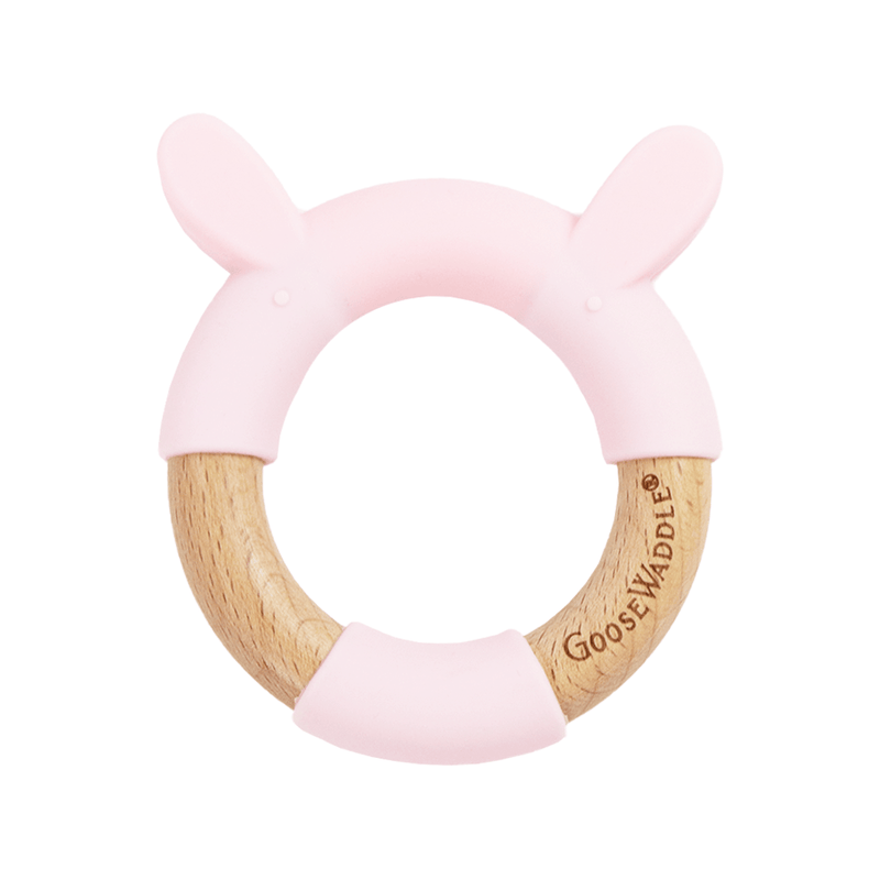 Pink Bunny Circle Bunny Head Teether Wooden + Silicone Goosewaddle® | Newborn Baby Blankets Toys Teethers Bibs & More